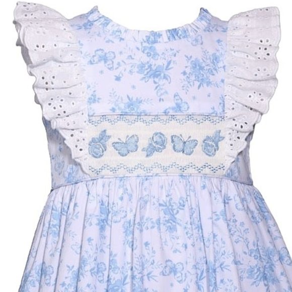 Bonnie Jean Girls 3M-6X Blue Toile Embroidered Smocked Panel Dress - Picture 2 of 5
